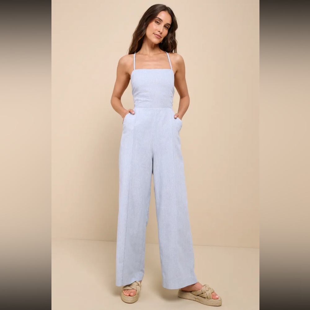 Sweetly Elevated Light Blue Linen Backless Wide-Leg Jumpsuit